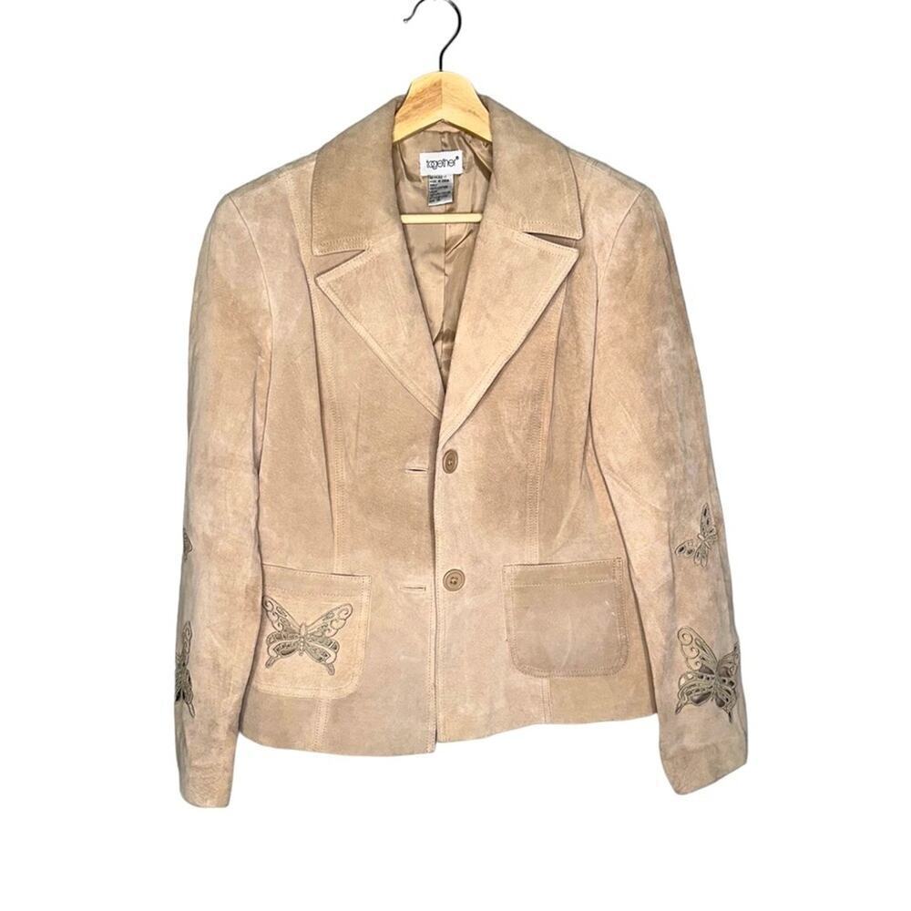 Together Vintage Leather Suede Jacket Butterfly Print Neutral Tan/Beige Size 12